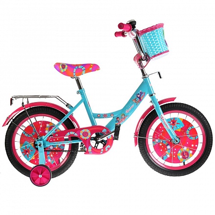 Велосипед детский двухколесный - Фееринки, розово-голубой, колеса 16 дюйм, рама А-тип, передняя корзина, вставки, страховочные колеса, звонок 