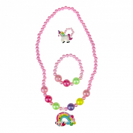 Набор украшений - Unicorn Bijou, 3 предмета: светло-розовые бусы радуга, браслет, колечко единорог 