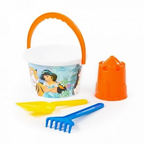 Набор Disney Принцесса №7: ведро среднее с наклейкой, лопатка, грабельки, формочка замок башня (Полесье, 66770) (ассортимент)