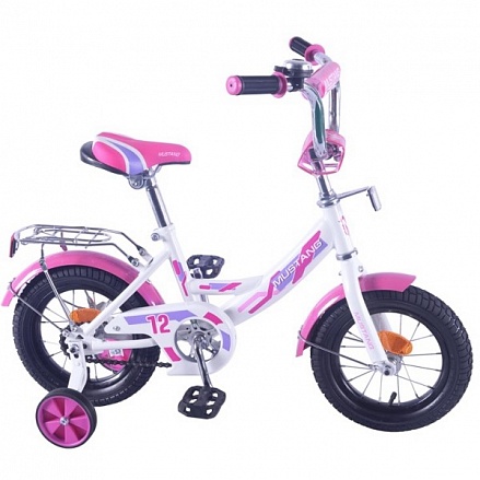 Велосипед детский двухколесный - Mustang, цвет бело-розовый, колеса 12 дюйм, рама А-тип, багажник, страховочные колеса, звонок 