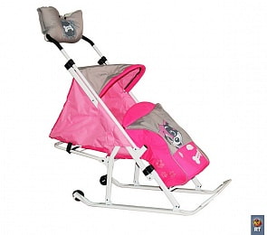 Санки-коляска трансформер Люкс «Любопытный щенок» с колесиками и муфтой (RT, 2494RT)