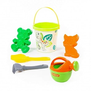 Набор №312: ведро с наклейкой, лопатка №5, грабельки №5, 2 формочки, лейка малая №4 (Полесье, 5020)