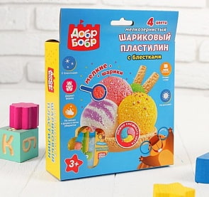 Шариковый пластилин ДобрБобр мелкозернистый с блестками, 4 цвета, 500 мл. (1toy, НШБНЗ4)