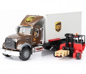Игровой набор – Фургон Mack UPS с погрузчиком и паллетами (Bruder, 02-828) 