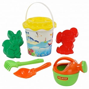 Набор №338: ведро с наклейкой, ситечко Солнышко, лопатка №5, грабельки №5, 2 формочки, лейка малая №4 (Полесье, 5112)