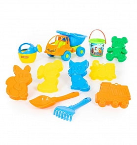 Набор №211 в рюкзаке - Автомобиль-самосвал – Муравей, ведро малое с наклейкой, лопатка №5, грабельки №5, 6 формочек, лейка малая №4 (Полесье, 0689) (ассортимент)