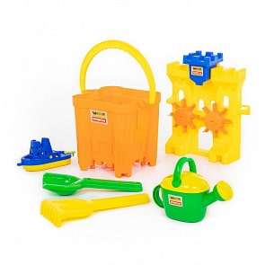 Набор №472: Песочная мельница Крепость, ведро-крепость Макси, лопатка №30, грабельки №30, кораблик, лейка №8 (Полесье, 45164)