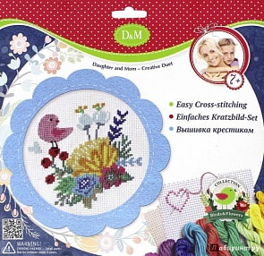Набор для вышивания крестиком «Цветы и птицы» в голубой рамке (Docha&Mama, 57898)