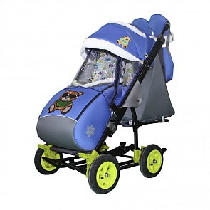 Санки-коляска Snow Galaxy City-3-2 - Мишка в зеленом на синем на больших надувных колесах, сумка, варежки (RT, 7700)