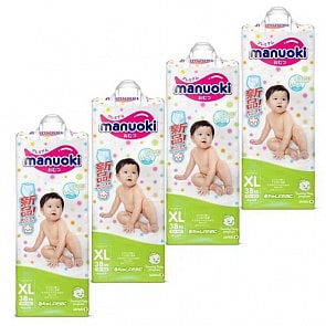 Подгузники-трусики размер XL, 12 кг +, 4 пачки по 38 шт (Manuoki, JPM003-4)