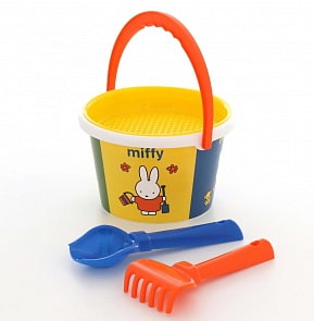 Набор №1 Миффи-6: ведро среднее с наклейкой, ситечко, совок №2, грабельки №2 (Полесье, 64837)