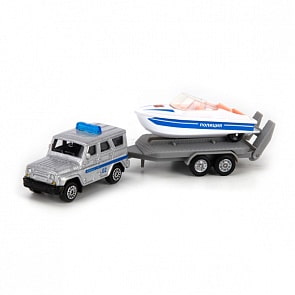 Коллекционный металлический набор - Полиция, УАЗ с лодкой на прицепе (Технопарк, SB-16-35-P-WB)