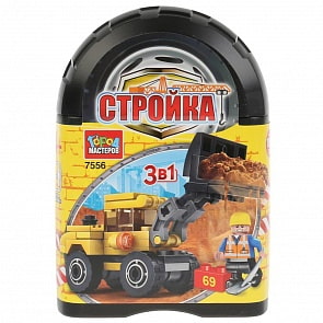 Конструктор - Стройка: экскаватор 3 в 1, с фигуркой, 69 деталей в банке (Город мастеров, 7556-KK)