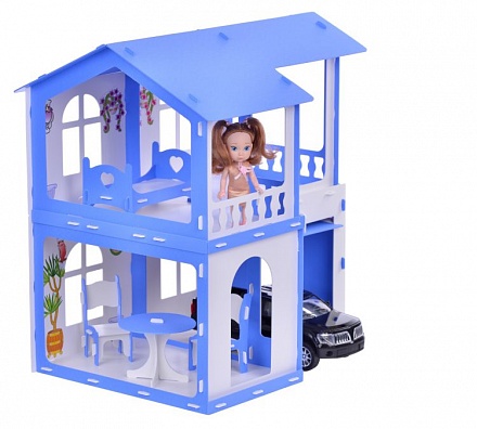 Дом для кукол Алиса, бело-синий, с мебелью 
