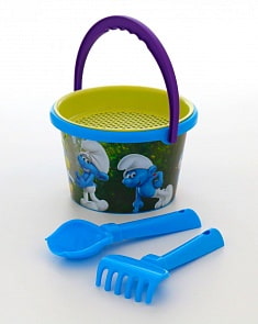 Набор №1 - Смурфики: Затерянная деревня-5: ведро среднее с наклейкой, ситечко, совок №2, грабельки №2 (Полесье, 65032) (ассортимент)