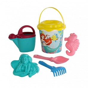 Набор Disney – Русалочка №4: ведро с наклейкой, ситечко Солнышко, лопатка №5, грабельки №5, 2 формочки, лейка №10 (Полесье, 65957)