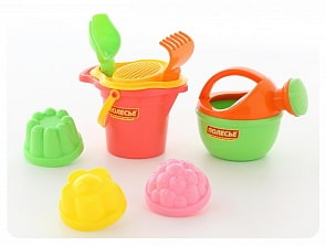 Набор №345: ведро малое с носиком, ситечко-цветок, совок №2, грабельки №2, 3 формочки, лейка малая №4 (Полесье, 4894)