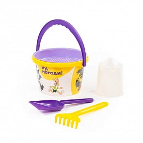 Набор - Ну, Погоди! №4: ведро среднее с наклейкой, сито, лопатка, грабли, формочка в форме башни замка (Полесье, 83241) (ассортимент)