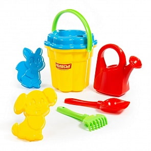 Набор №94: ведро-цветок большое, ситечко-цветок большое, лопатка №5, грабельки №5, формочки белочка + пёсик, лейка большая (Полесье, 7247)
