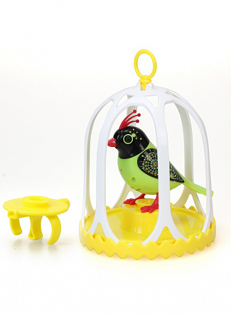 Птичка DigiFriends с большой клеткой и кольцом, черная голова и светло-зеленое туловище 