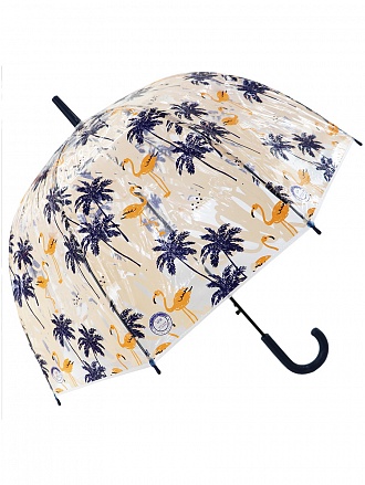 Зонт-трость – Тропический Фламинго, прозрачный купол, бежевый 