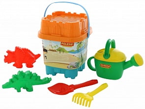 Набор №588: ведро-замок большое с наклейкой, ситечко-замок большое, лопатка №5, грабельки №5, 2 формочки, лейка №8 (Полесье, 62420)