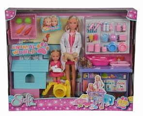 Куклы Штеффи и Еви, с набором Мир животных, 35 предметов, 29 и 12 см. (Simba, 5733040)