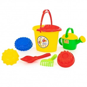 Набор №405: ведро №4 с носиком, сито №4, лопата №6, грабли №6, 3 формочки-пирожные, лейка №8 (Полесье, 38432)