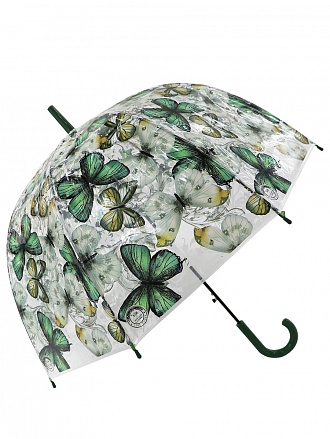 Зонт-трость – Бабочки, прозрачный купол, темно-зеленый 