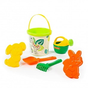 Набор №311: ведро с наклейкой, лопатка №5, грабельки №5, формочки белочка + пёсик, лейка малая №4 (Полесье, 5013) (ассортимент)