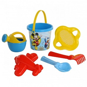Набор Disney - Микки и Веселые гонки №4: ведро малое с наклейкой, ситечко-цветок, совок №2, грабельки №2, формочка-самолет, лейка малая №3 (Полесье, 66541) (ассортимент)