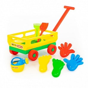 Набор №486: Тележка с ручкой №2 + Лопатка №5, грабельки №5, формочки, лейка малая №4 (Полесье, 45744)
