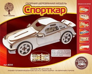 Сборная деревянная модель – Спорткар-1 с резиновым двигателем (Wooden Toys, 80141)