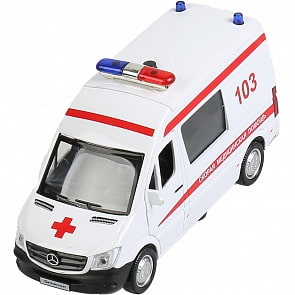 Машина Mercedes-Benz Sprinter - Скорая, 14 см, свет-звук, инерционный механизм (Технопарк, SPRINTERVAN-14SLAMB-WH)