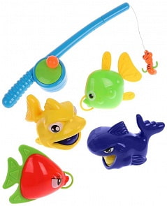Набор Рыбалка: удочка с крючком + 4 фигурки, разные цвета (Наша игрушка, BW30036-3) (ассортимент)