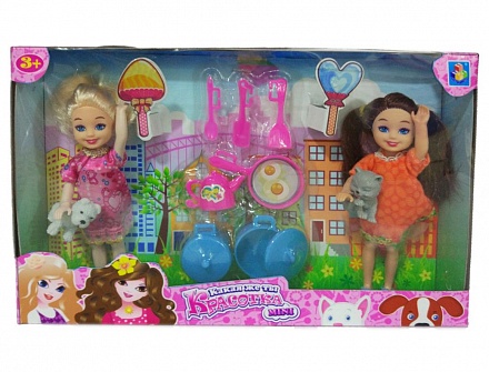 Игровой набор из 2х кукол с посудкой и 2 питомцами - Красотка mini 