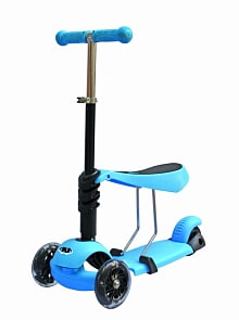 Самокат трехколесный 3-в-1, PU колеса со светом, регулируемый алюминиевый руль, голубой (Navigator, Т59963)