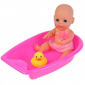 Интерактивный пупс Сашенька с закрывающимися глазками, пьет и писает, с ванночкой и аксессуарами, 20 см (Карапуз, Y20BB-BATH-BAG-RU)