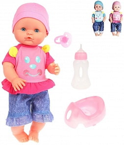 Интерактивный пупс с аксессуарами, 40 см, 4 предмета, пьет и писает (Наша игрушка, N003K-A) (ассортимент)