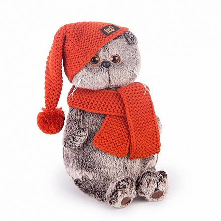 Мягкая игрушка – Басик в вязаной шапке и шарфе, 19 см 