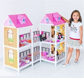 Угловой 2-этажный кукольный дом, 4 комнаты, мебель, 2 куклы (Paremo, PPCD116-03)
