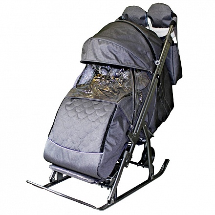 Санки-коляска Snow Galaxy Kids-3-2-С - Серебро крупный ромб на больших колесах, сумка и варежки 