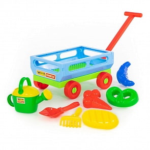 Набор №484: Тележка с ручкой №2, лопата №6, грабли №6, 4 формочки, лейка №8 (Полесье, 45720)