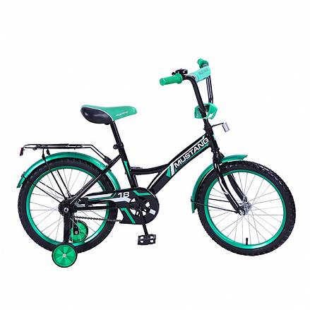 Велосипед детский – Mustang, черно-зеленый со страховочными колесами 