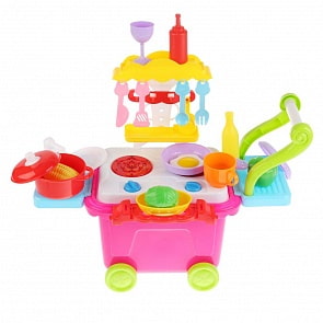 Детская кухня в пластиковом чемодане на колесах - Pole Play с аксессуарами, свет, звук (D864-H40012)