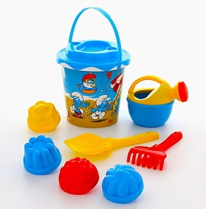 Набор №3 Смурфики-2: ведро с наклейкой, ситечко Солнышко, лопатка №5, грабельки №5, лейка малая №4, формочки 4 шт. (Полесье, 65179) (ассортимент)