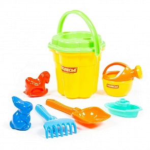 Набор №257: ведро-цветок большое, ситечко-цветок большое №2, лопата №6, грабли №6, формочки заяц + лошадка, кораблик Юнга, лейка малая №4 (Полесье, 3956)