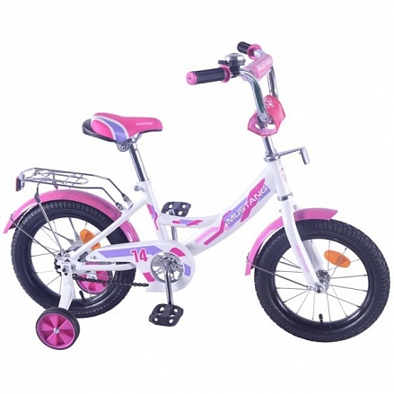 Велосипед детский двухколесный - Mustang, бело-розовый, колеса 14 дюйм, A-тип, багажник, страховочные колеса, звонок 