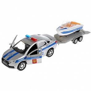 Машинка металлическая инерционная Lada Vesta Полиция, открываются двери, с лодкой, 12 см (Технопарк, SB-17-57WB)