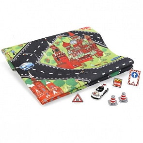 Коврик игровой с металлической машинкой 7,5 см и дорожными знаками (Технопарк, 80671F-R) (ассортимент)